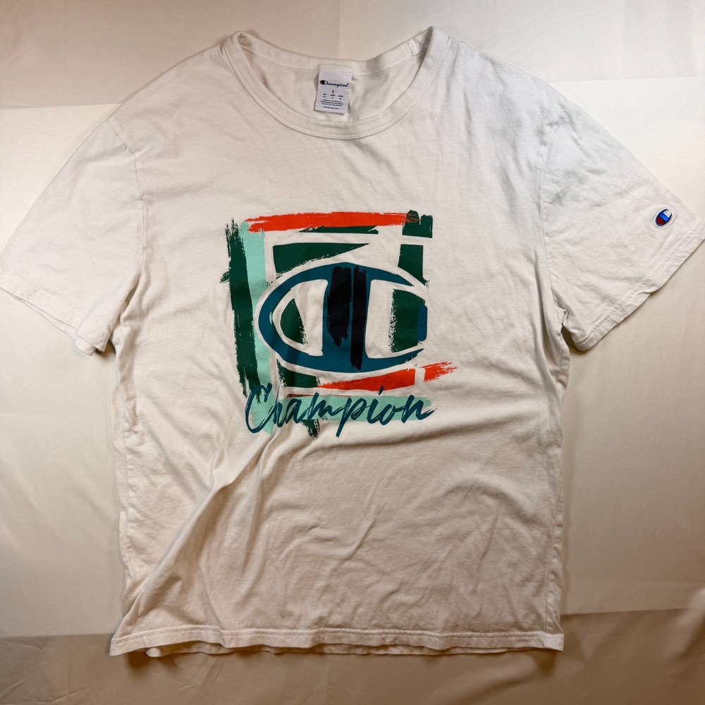 Champion Graphic T Shirt Logo Print Mens Short Sleeve White Size Large
